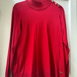 Calvin Klein Red Turtleneck Sweater with Gold Button Accents